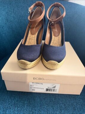 BCBGeneration Navy Wedge Espadrille with Brown Ankle Strap